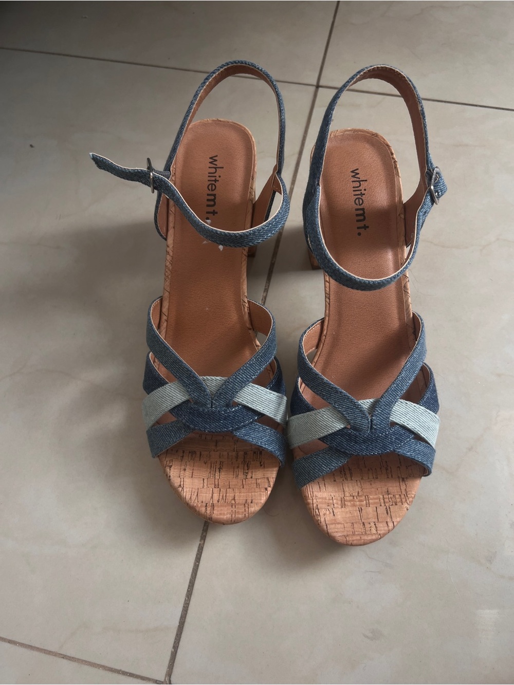 White Mountain Denim Cork Block Heel Sandals Size 10